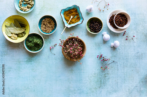 Culinary spices, bouquet garni herbs, and dried herbs photo