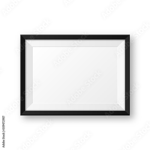 Realistic blank black picture frame with shadow isolated on white background. Modern poster mockup. Empty photo frame for art gallery or interior. Vector illustration.
