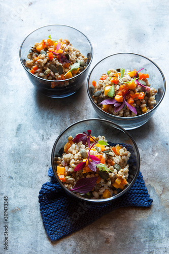 Pearl barley, lentil, dried apricot, butternut, pumpkin seed, red basil vegetarian salad
