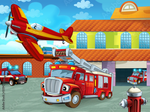 cartoon scene with fireman vehicle on the road near the fire station - illustration for children © honeyflavour