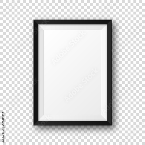 Realistic blank black picture frame with shadow isolated on transparent background. Modern poster mockup. Empty photo frame for art gallery or interior. Vector illustration.
