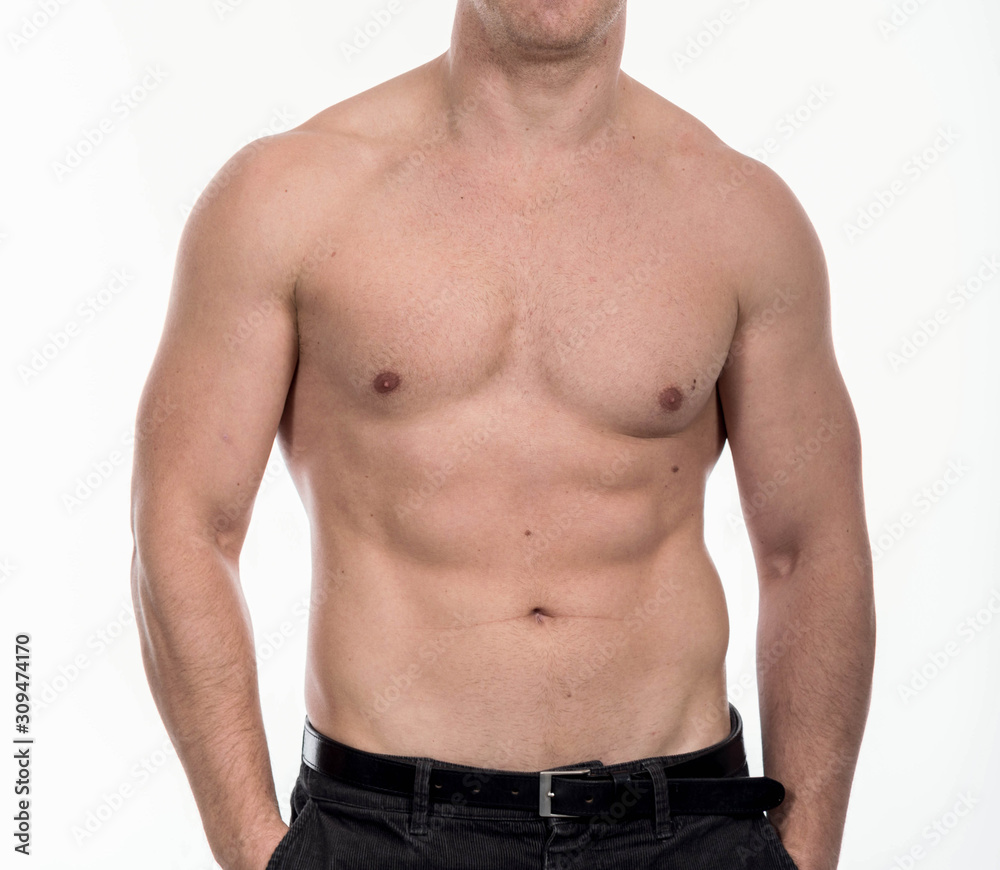 Strong Athletic Man Fitness Model Torso showing big muscles over.