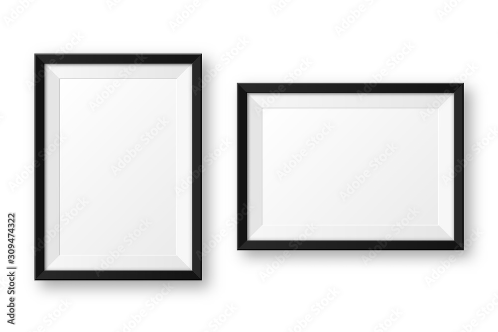 Realistic blank black picture frame with shadow isolated on white background. Modern poster mockup. Empty photo frame for art gallery or interior. Vector illustration. Realistic blank black picture frame with shadow isolated on white background. Modern poster mockup. Empty photo frame for art gallery or interior. Vector illustration.
