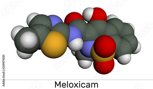 Meloxicam C14H13N3O4S2 molecule. It is a nonsteroidal anti-inflammatory drug NSAID. Molecular model photo