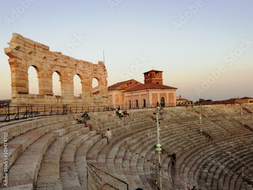 Detail of the interior of the Arena di Verona amphitheatre with the light of sunset.