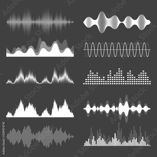 Sound waves collection. Analog and digital audio signal. Music equalizer. Interference voice recording. High frequency radio wave. Vector illustration.