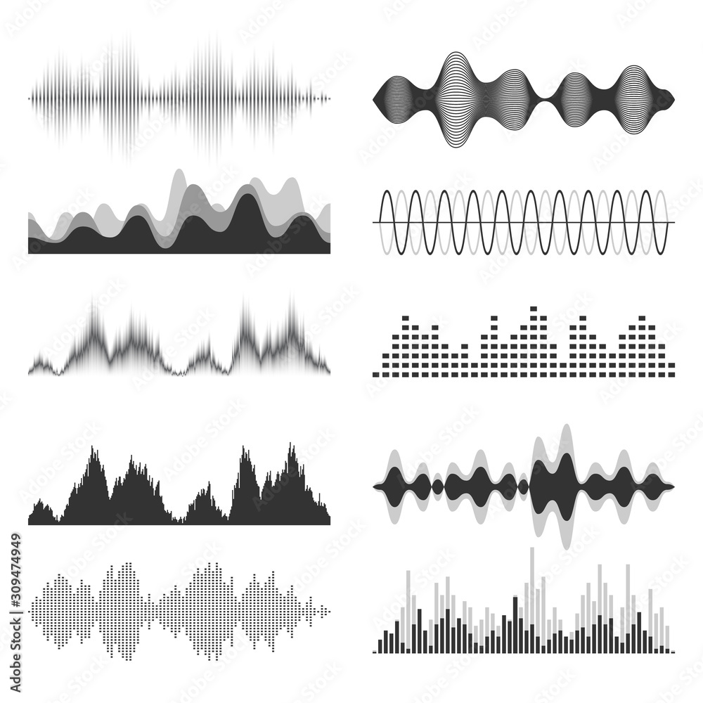 Sound waves collection. Analog and digital audio signal. Music equalizer. Interference voice recording. High frequency radio wave. Vector illustration.