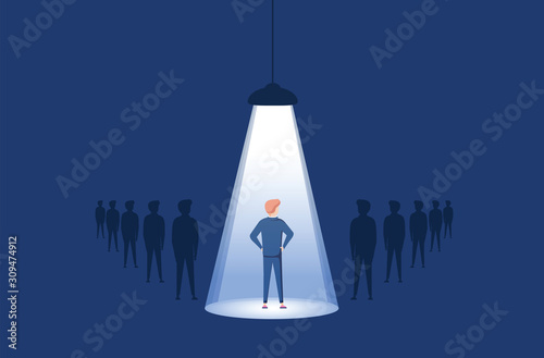 Business hiring and recruitment vector concept with spotlight on one person from crowd. Career opportunity symbol.