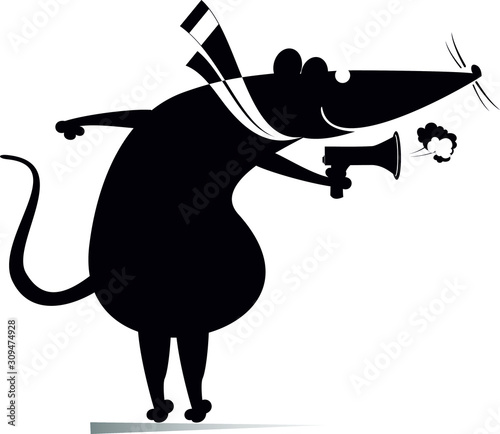 Rat or mouse, megaphone and news isolated illustration.  Cartoon rat or mouse with megaphone makes announcement black on white