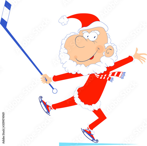 Santa Claus plays ice hockey isolated illustration. Cartoon Santa Claus an ice hockey player isolated on white illustration