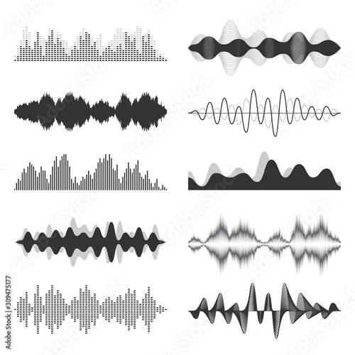 Sound waves collection. Analog and digital audio signal. Music equalizer. Interference voice recording. High frequency radio wave. Vector illustration.