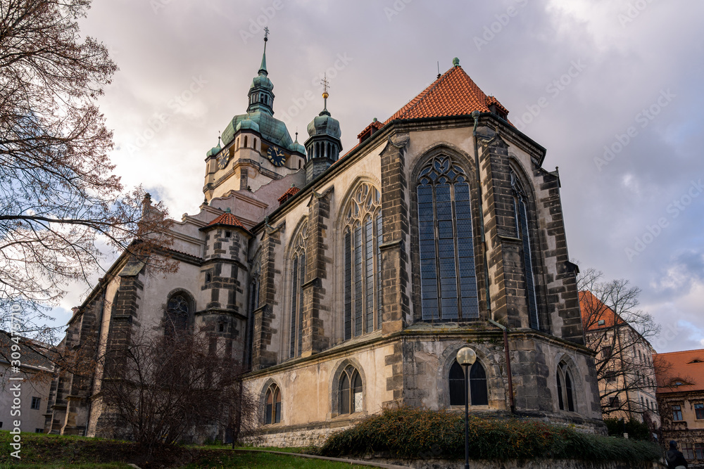 Scenic view of the catholic church of Saint Peter and Paul in historic town of Melnik in Central Bohemia, Czech Republic