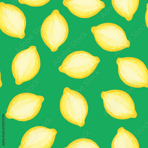 Lemons seamless repeating pattern. Citrus fruit background. Yellow hand drawn lemons on green backdrop. Summer food. Vitamins. Use for packaging, fabric photo