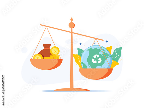 Scale with wealth and cash money on a plate and people world, environment on the other, balancing business profits.