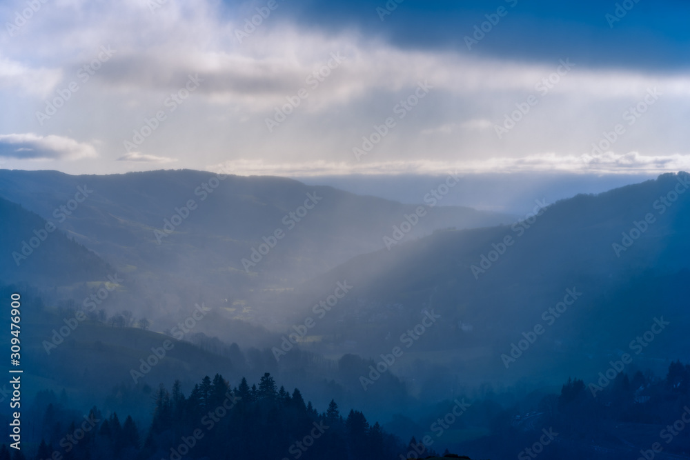 Cantal mountains foggy landscape, France