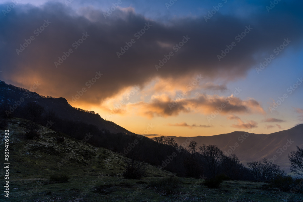 Cantal mountains sunset in France