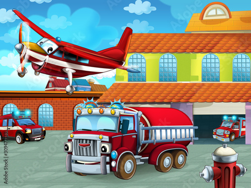 cartoon scene with fireman vehicle on the road near the fire station - illustration for children