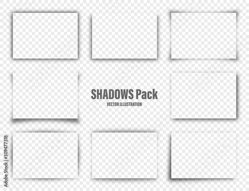 Vector shadows set. Page dividers on transparent background. Realistic isolated shadow for paper in A4 format. Vector illustration.