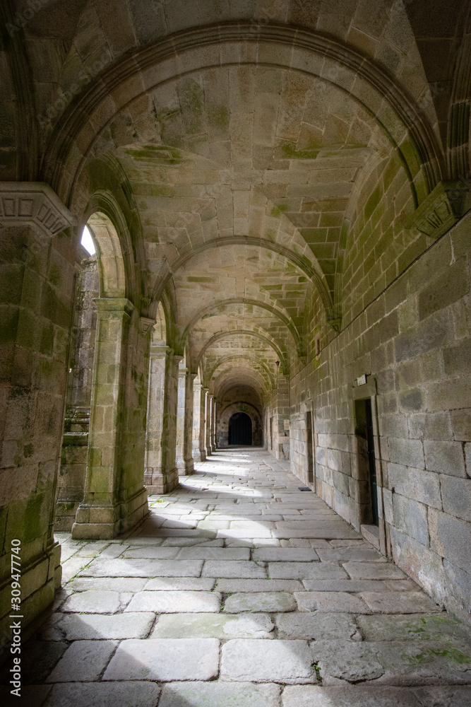 Historic ruins of abandoned abbey in black and white in Monasterio de Lugo, Galicia, Spain