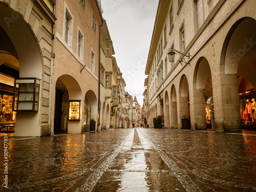Meran City Center during rain with house fassades