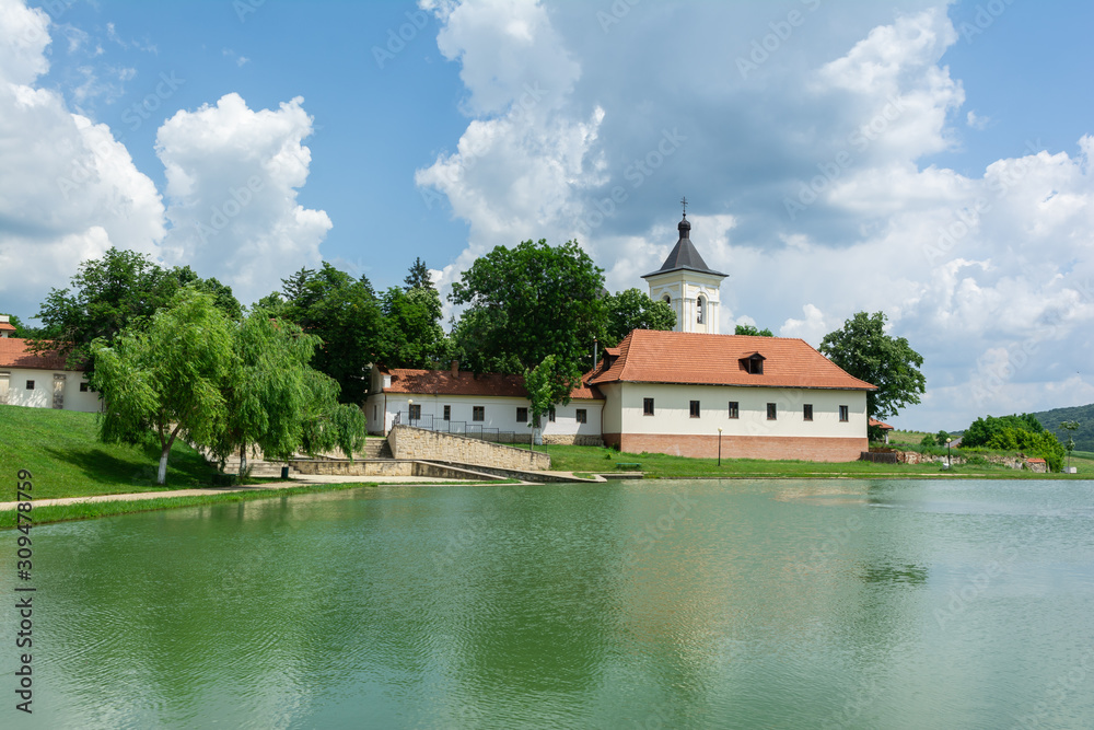 Lake in front of the entrance to Capriana Monastery, Republic of Moldova
