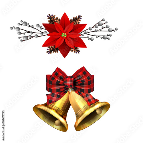 Christmas decorations with fir tree golden jingle bells