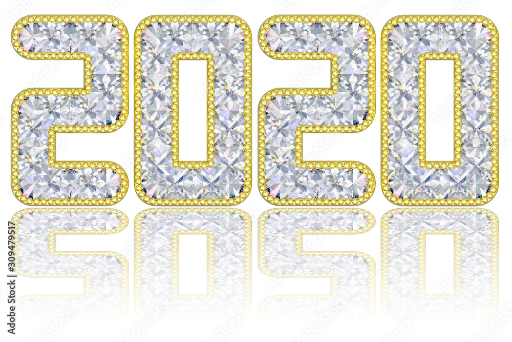 2020 digits composed of gems in golden rim on glossy white background 2020 digits composed of gems in golden rim on glossy white background