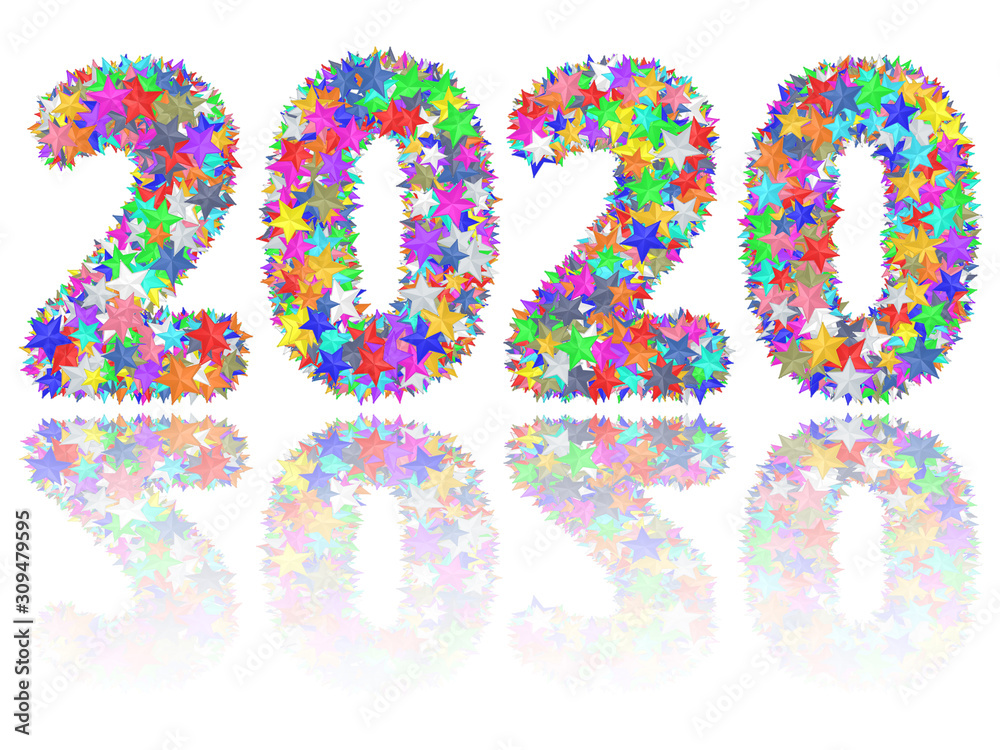 2020 digits composed of colorful stars on glossy white background