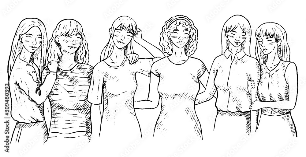 Vector hand drawn sketch. Smiling womens of different races. Happy women or girls standing together. Group of female friends, union of feminists, sisterhood. Contour outline drawing isolated on white.