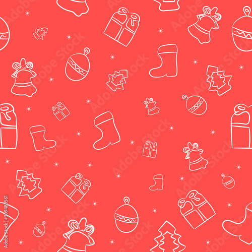 Christmas cartoon seamless background for holiday design, white contours on red