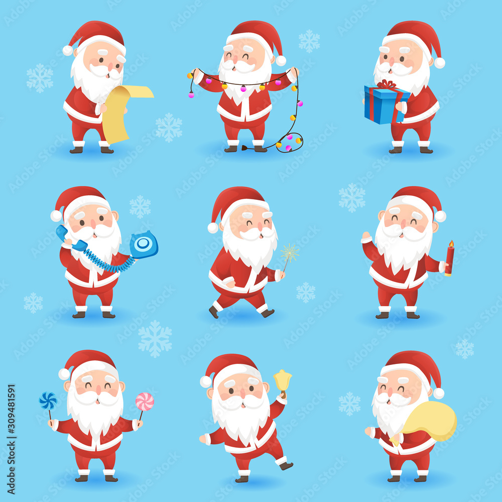 Set of festive Christmas icons with funny Santa Claus