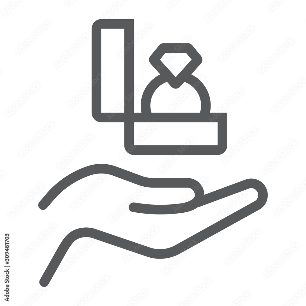 Proposal marriage line icon, valentine and holiday, ring on hand sign, vector graphics, a linear pattern on a white background, eps 10. Proposal marriage line icon, valentine and holiday, ring on hand sign, vector graphics, a linear pattern on a white background, eps 10.