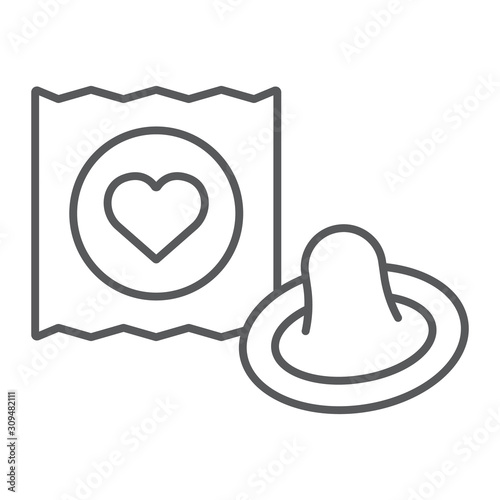 Condom thin line icon, valentine and holiday, protect rubber sign, vector graphics, a linear pattern on a white background, eps 10.