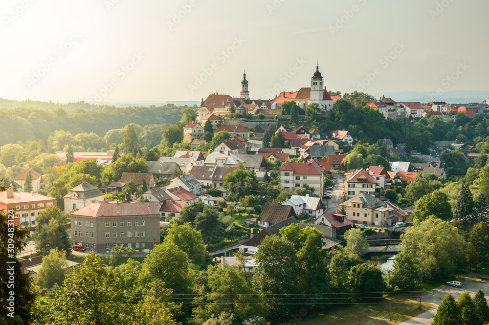 Panorama of the city of Nove Mesto Nad Metuji with the castle on the top of the hill.