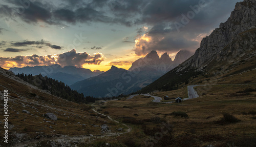 Sunset at the Pordoi Pass in the Italian Dolomites