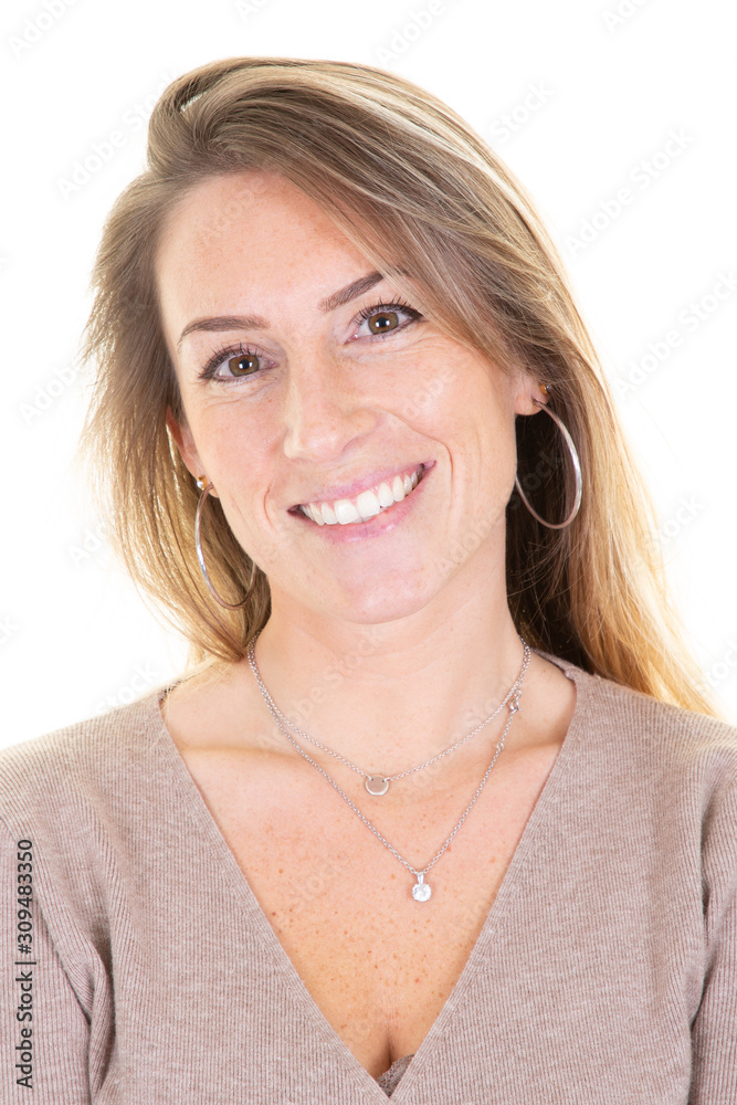 Portrait of attractive young woman in white background