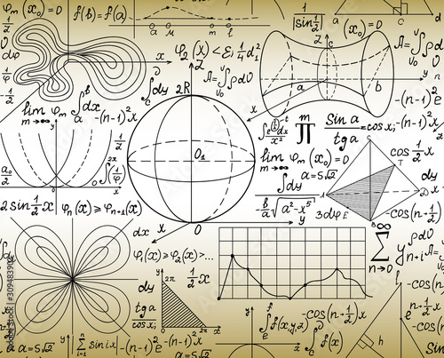 Scientific math vector seamless pattern with handwritten formulas, figures and equations, old paper effect