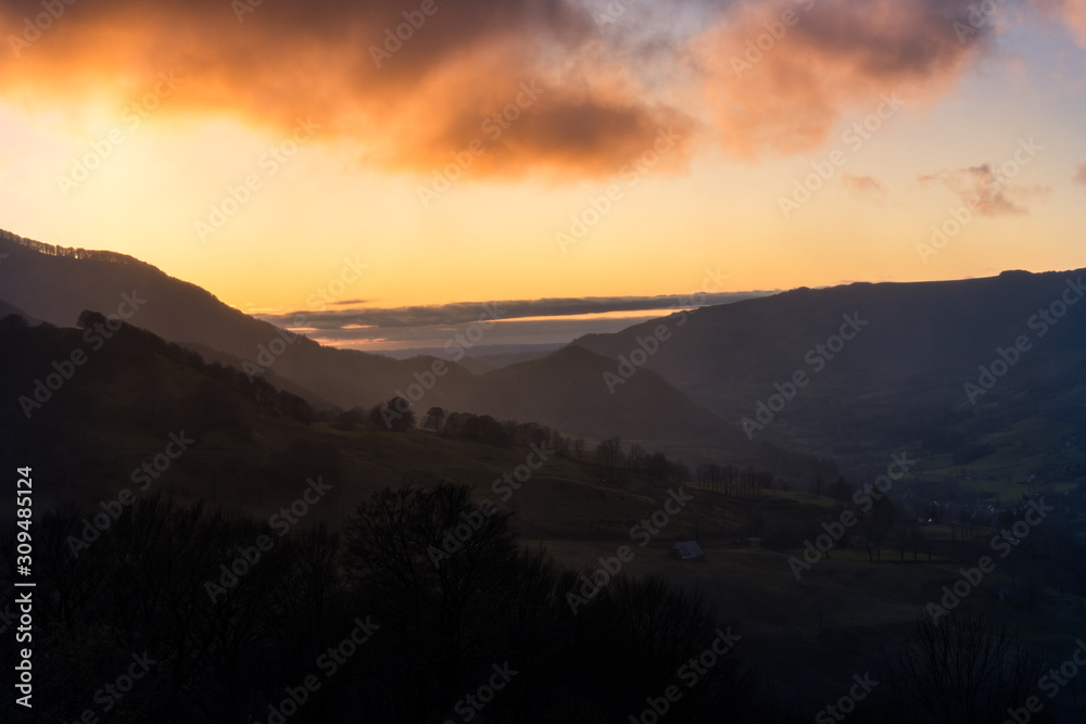 Auvergne sunset landscape in France