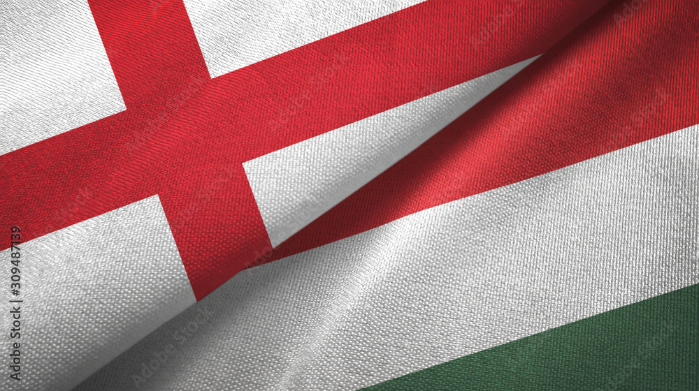 England and Hungary two flags textile cloth, fabric texture England and Hungary two flags textile cloth, fabric texture