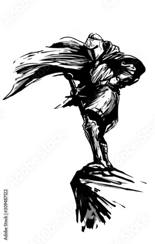 fantasy knight with sword and fluttering cloak in the wind standing on the rock, vector black illustration on white background