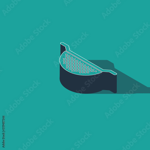 Isometric Kitchen colander icon isolated on green background. Cooking utensil. Cutlery sign.  Vector Illustration
