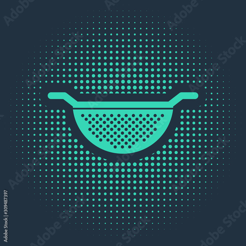 Green Kitchen colander icon isolated on blue background. Cooking utensil. Cutlery sign. Abstract circle random dots. Vector Illustration