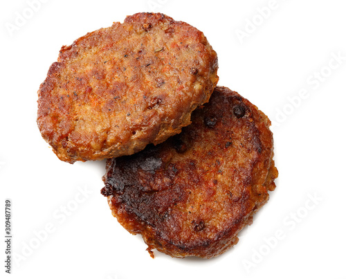 freshly grilled burger meat isolated on white background. top view