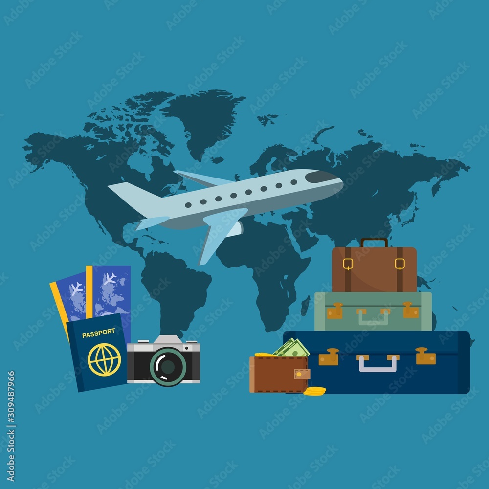 Mundo maletas avión pasaporte cámara dinero Stock Illustration | Adobe Stock