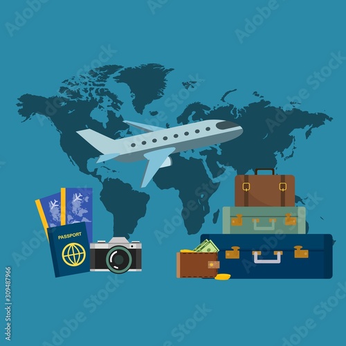 Mundo maletas avión pasaporte cámara dinero