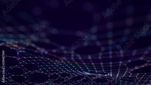 Futuristic abstract mesh. Wave with the connection of dots and lines. 3D rendering.