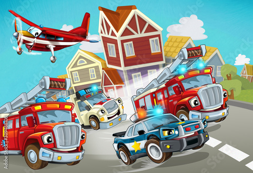 Fototapeta Naklejka Na Ścianę i Meble -  cartoon scene with fireman vehicle on the road with police car and ambulance - illustration for children