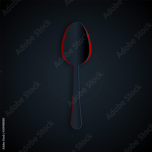 Paper cut Spoon icon isolated on black background. Cooking utensil. Cutlery sign. Paper art style. Vector Illustration