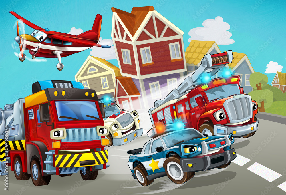 Fototapeta premium cartoon scene with fireman vehicle on the road with police car and ambulance - illustration for children