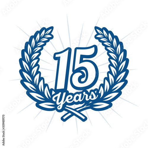 15 years anniversary celebration with laurel wreath. Fiftheenth anniversary logo. Vector and illustration. photo